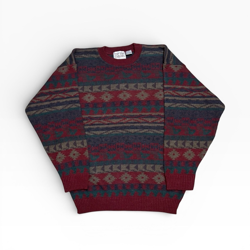 Vintage 90s Tip Top Tailors Red Aztec Geometric Acrylic Sweater Size Medium